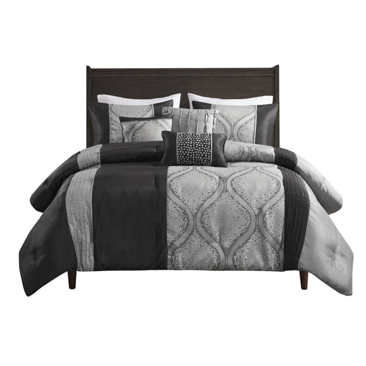 King Black and Silver Microfiber Jacquard Comforter Set