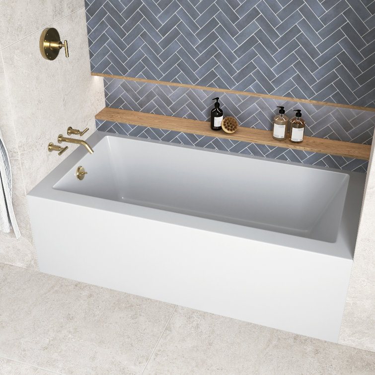 Glossy White Acrylic Alcove Bathtub with Polished Brass Drain