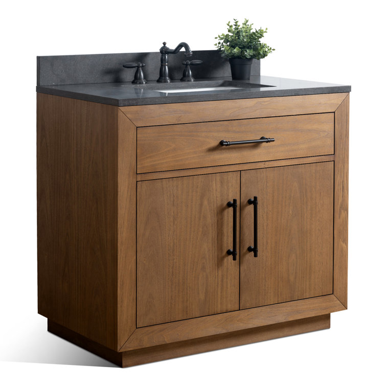 36" Tan Poplar Wood Bathroom Vanity with Black Limestone Top