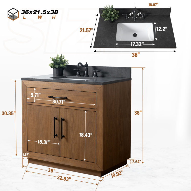 36" Tan Poplar Wood Bathroom Vanity with Black Limestone Top