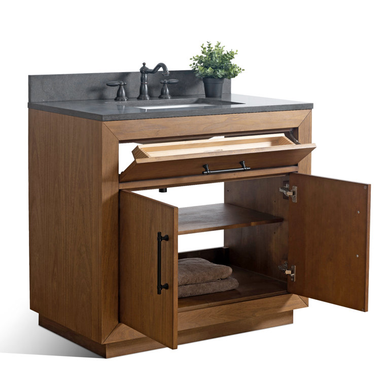 36" Tan Poplar Wood Bathroom Vanity with Black Limestone Top