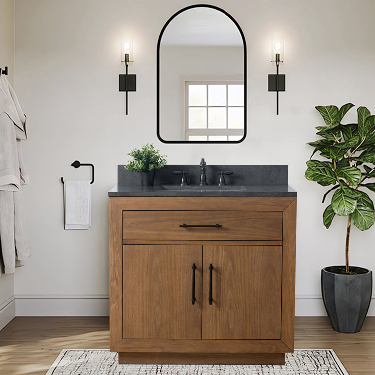 36" Tan Poplar Wood Bathroom Vanity with Black Limestone Top
