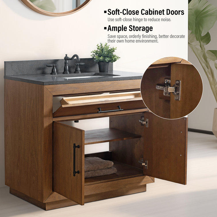 36" Tan Poplar Wood Bathroom Vanity with Black Limestone Top