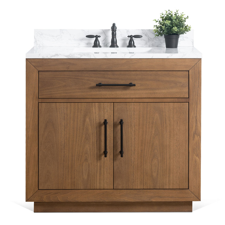 36" Tan Poplar Wood Bathroom Vanity with White Marble Top