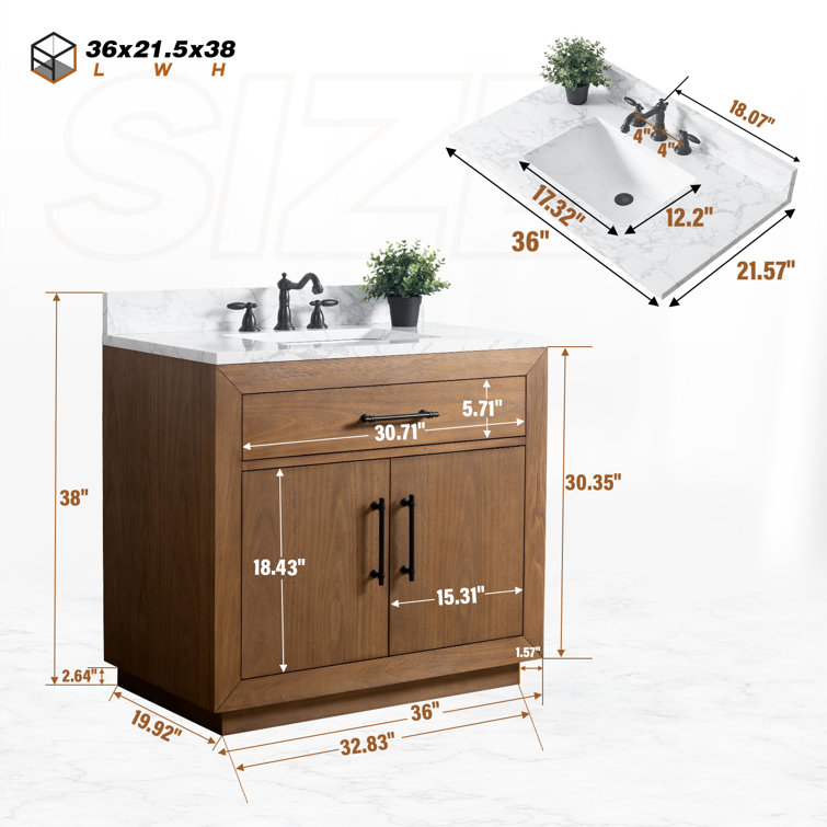 36" Tan Poplar Wood Bathroom Vanity with White Marble Top