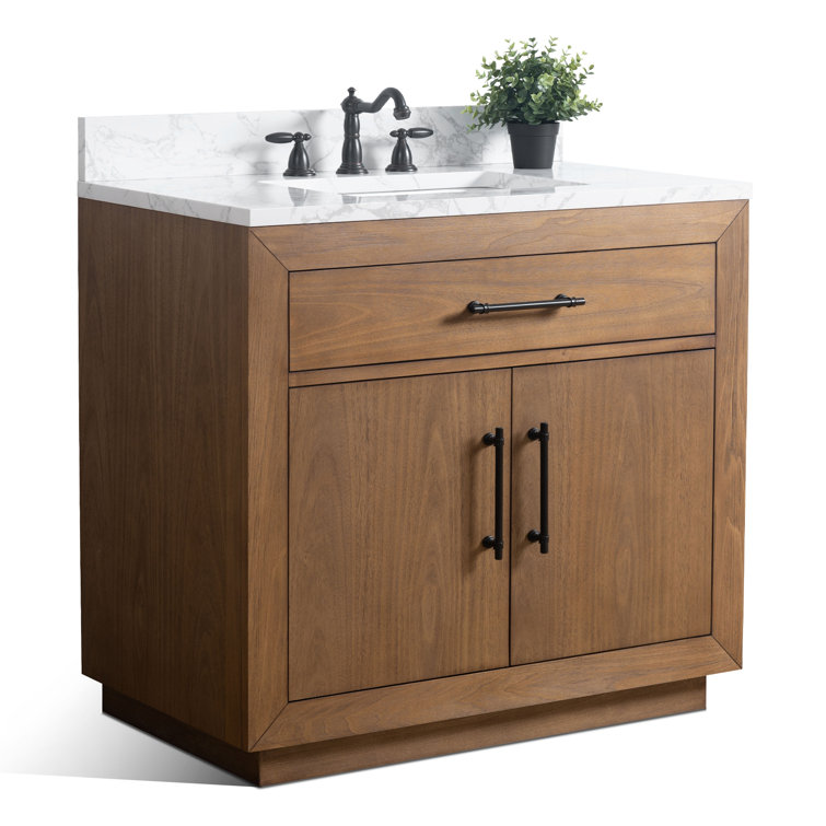 36" Tan Poplar Wood Bathroom Vanity with White Marble Top