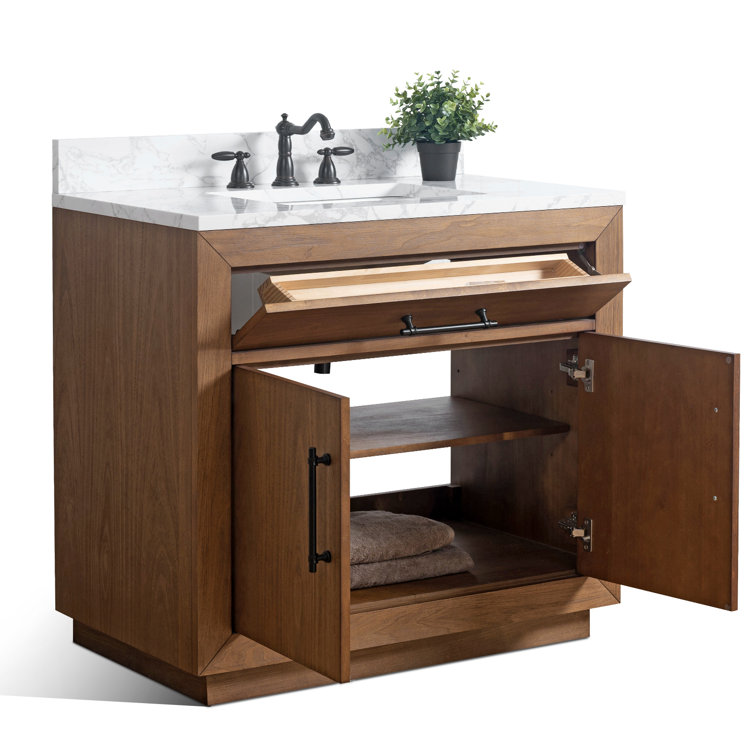 36" Tan Poplar Wood Bathroom Vanity with White Marble Top
