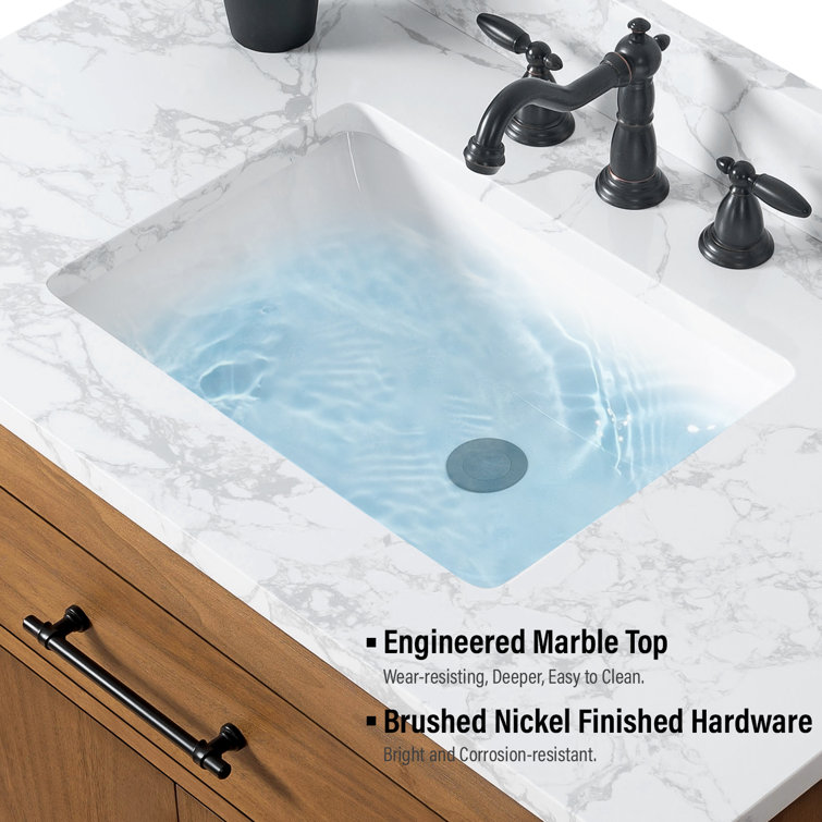 36" Tan Poplar Wood Bathroom Vanity with White Marble Top