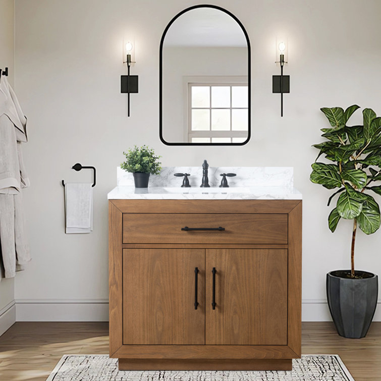 36" Tan Poplar Wood Bathroom Vanity with White Marble Top