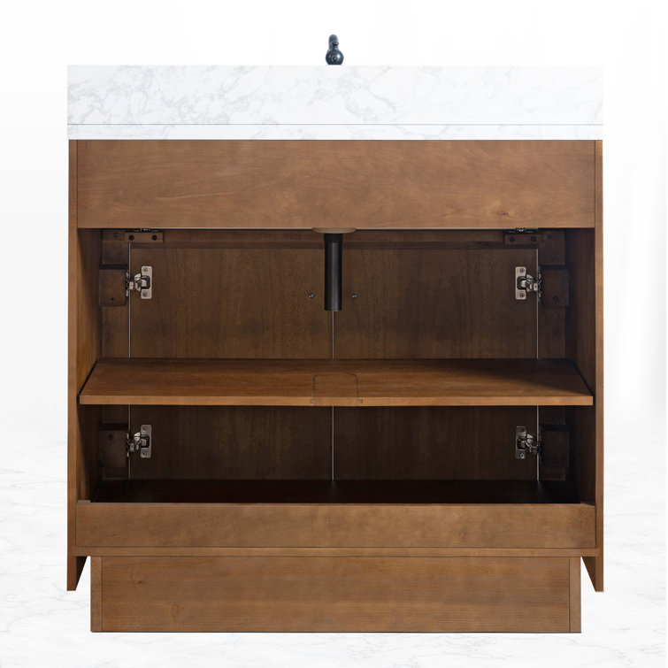 36" Tan Poplar Wood Bathroom Vanity with White Marble Top