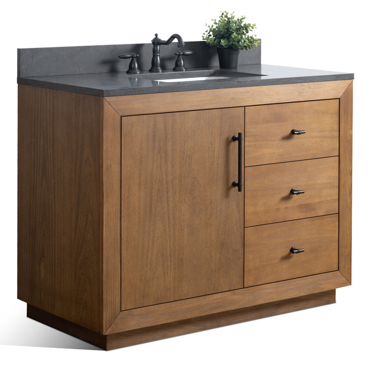 Tan 42" Single Bathroom Vanity with Black Limestone Top