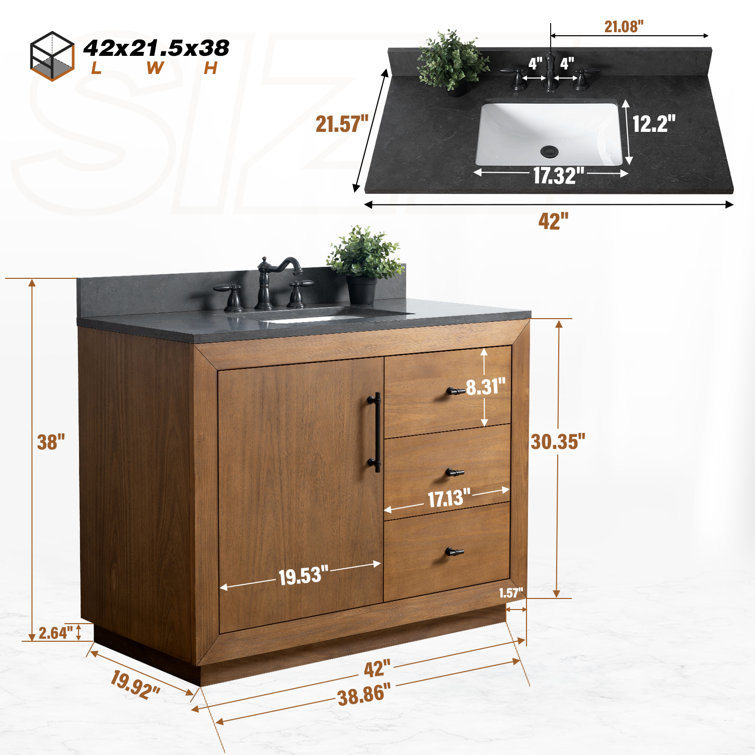 Tan 42" Single Bathroom Vanity with Black Limestone Top