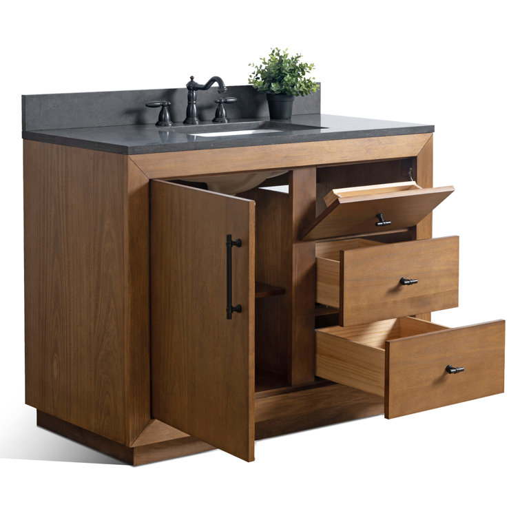 Tan 42" Single Bathroom Vanity with Black Limestone Top
