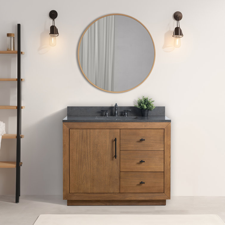 Tan 42" Single Bathroom Vanity with Black Limestone Top