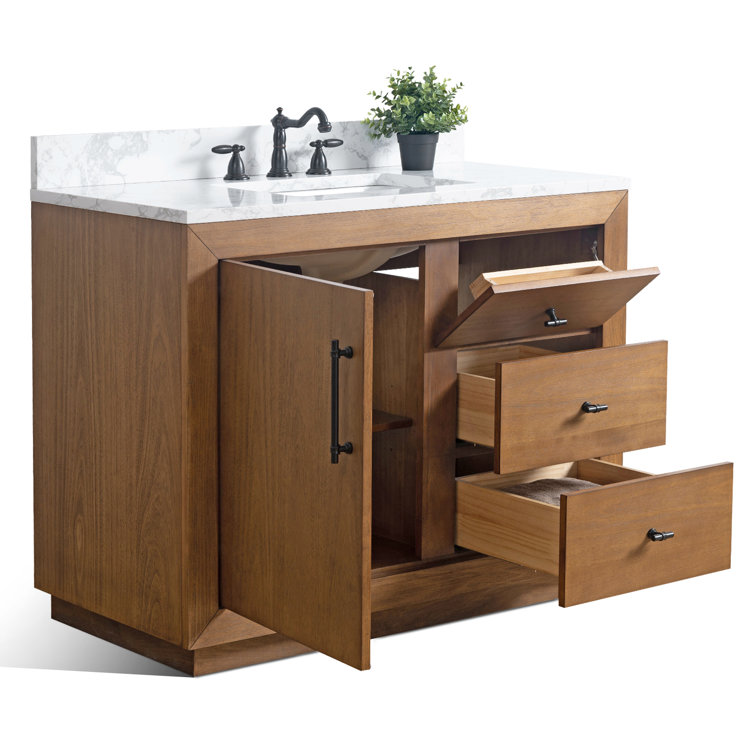 42" Tan Poplar Wood Single Bathroom Vanity with Marble Top