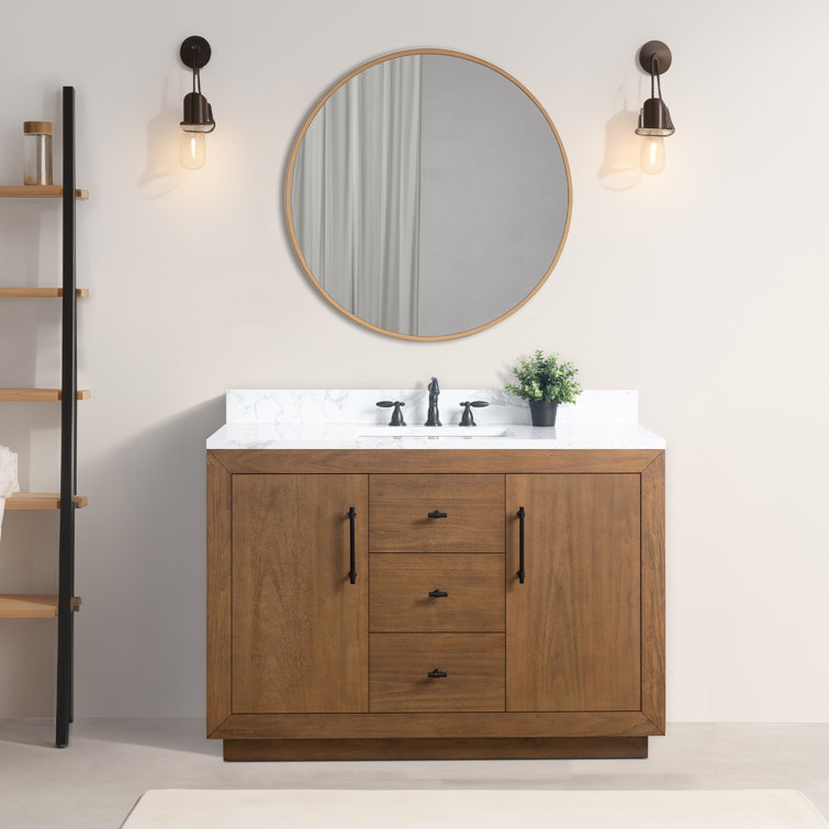 42" Tan Poplar Wood Single Bathroom Vanity with Marble Top