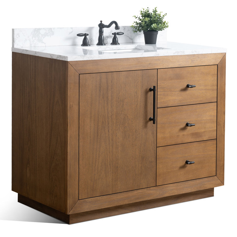 42" Tan Poplar Wood Single Bathroom Vanity with Marble Top