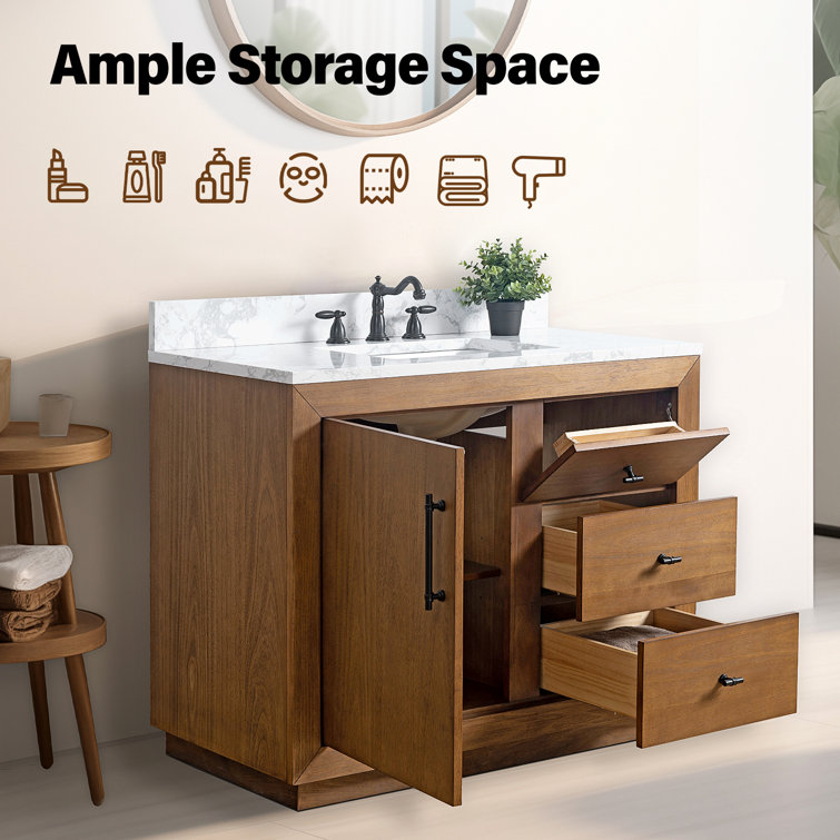 42" Tan Poplar Wood Single Bathroom Vanity with Marble Top