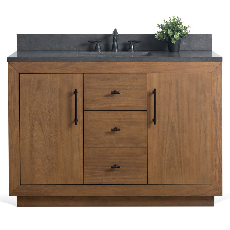 48" Tan Poplar Wood Bathroom Vanity with Black Limestone Top