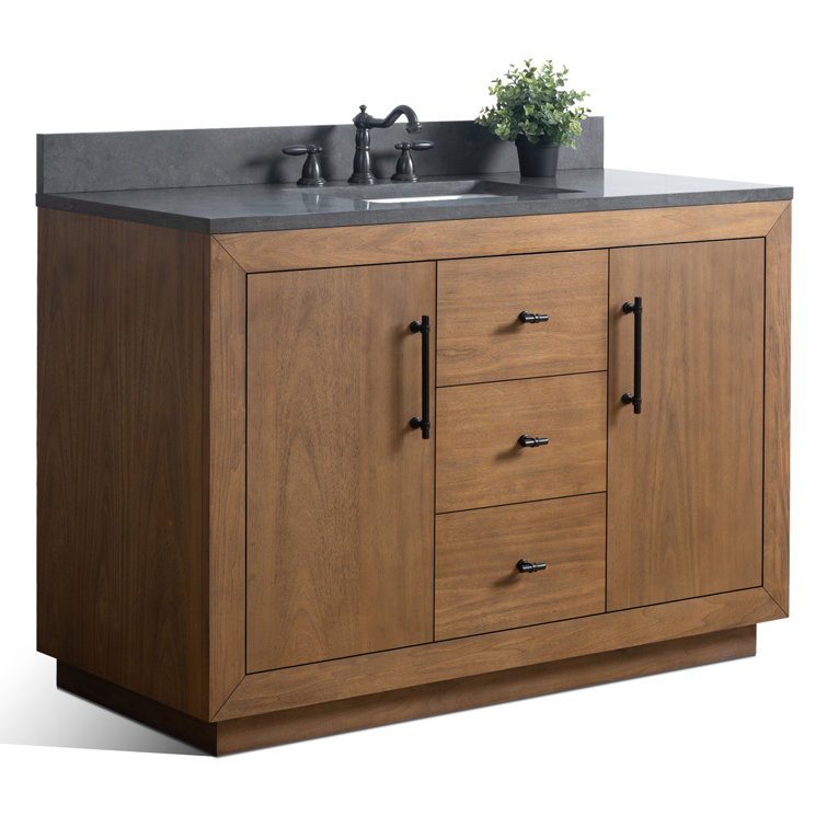 48" Tan Poplar Wood Bathroom Vanity with Black Limestone Top