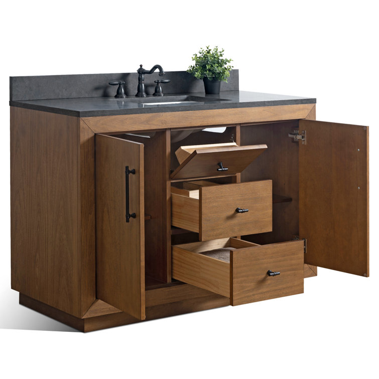 48" Tan Poplar Wood Bathroom Vanity with Black Limestone Top