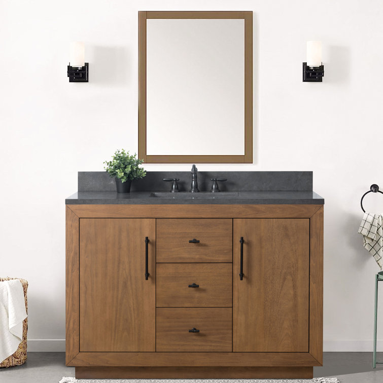 48" Tan Poplar Wood Bathroom Vanity with Black Limestone Top