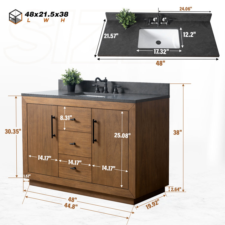 48" Tan Poplar Wood Bathroom Vanity with Black Limestone Top