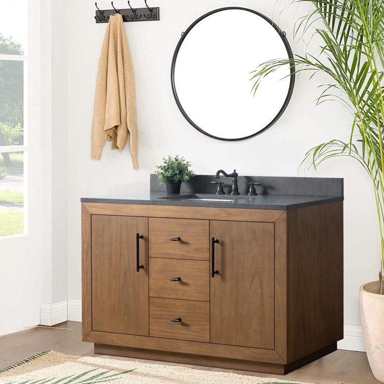 48" Tan Poplar Wood Bathroom Vanity with Black Limestone Top