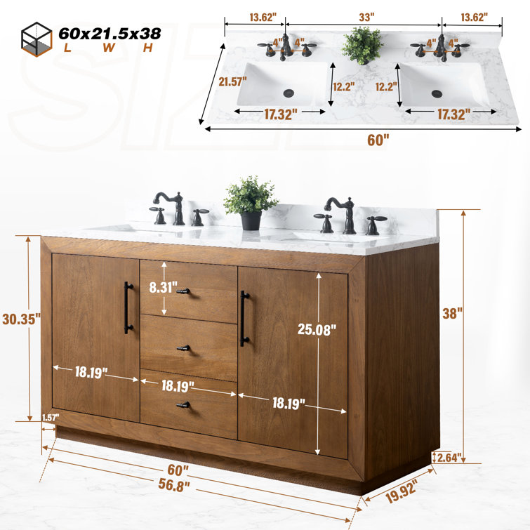 60" Double Sink Bathroom Vanity with Arabescato White Marble Top
