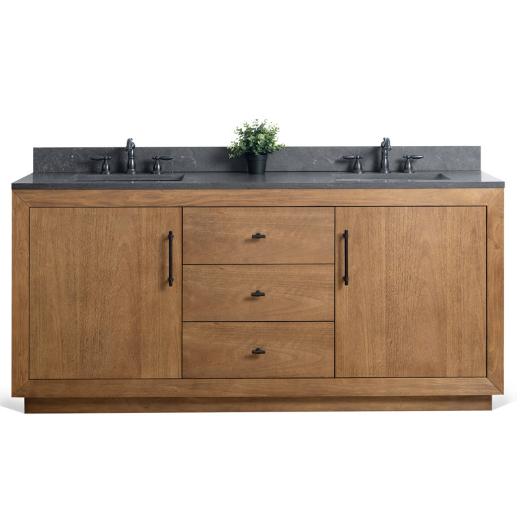 72" Tan and Black Limestone Double Sink Bathroom Vanity