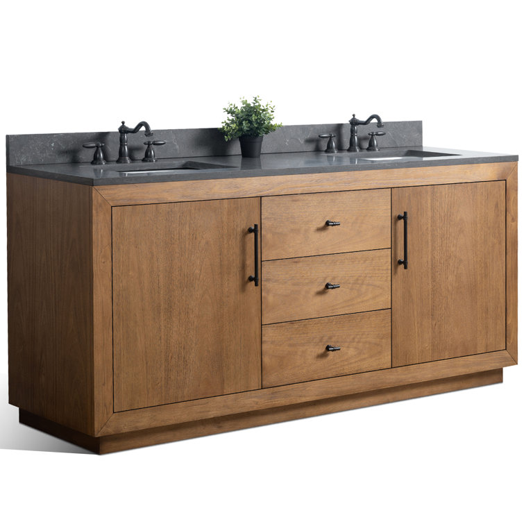 72" Tan and Black Limestone Double Sink Bathroom Vanity