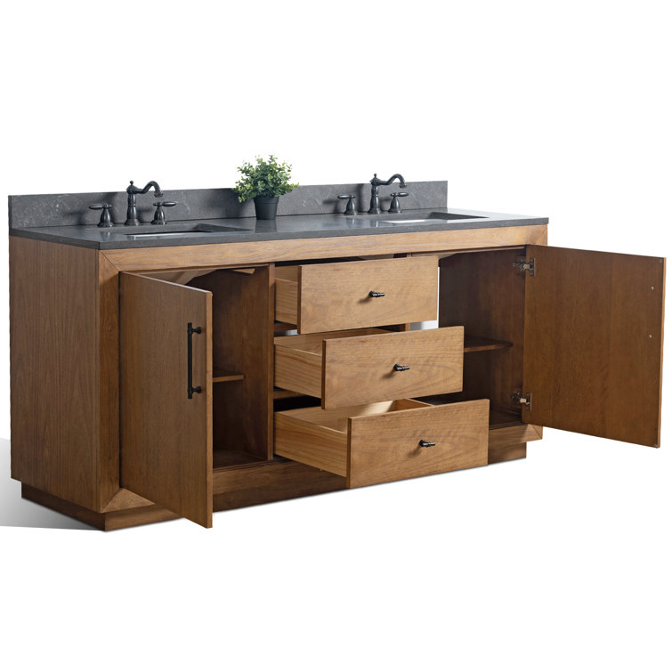 72" Tan and Black Limestone Double Sink Bathroom Vanity