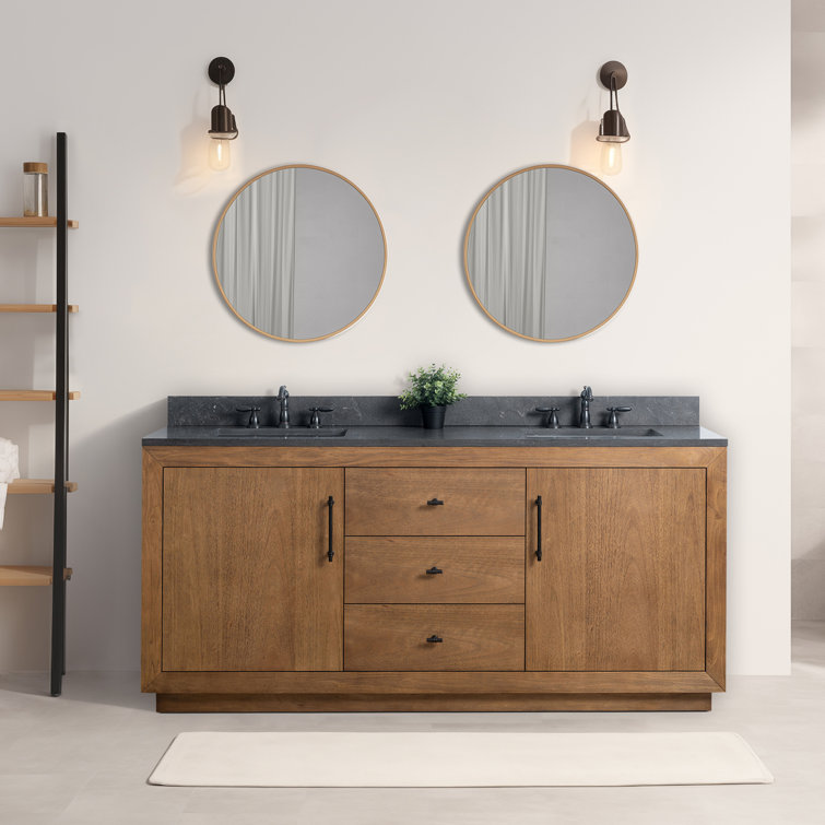 72" Tan and Black Limestone Double Sink Bathroom Vanity