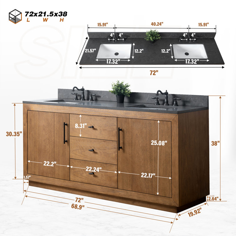 72" Tan and Black Limestone Double Sink Bathroom Vanity