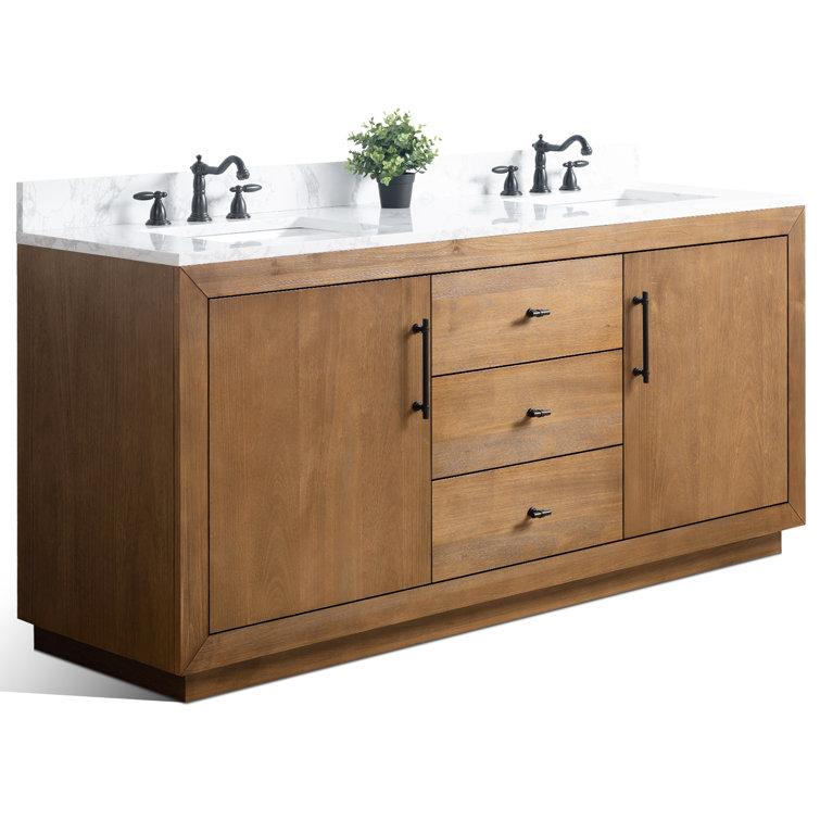 72" Tan Poplar Wood Double Sink Vanity with Arabescato White Marble Top