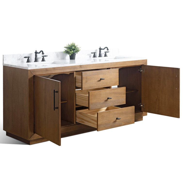 72" Tan Poplar Wood Double Sink Vanity with Arabescato White Marble Top