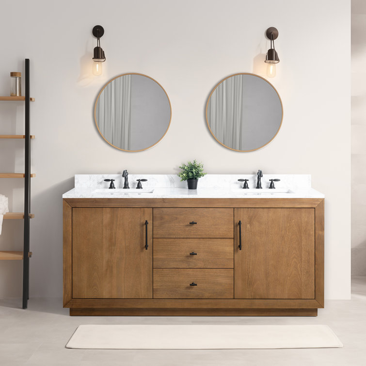 72" Tan Poplar Wood Double Sink Vanity with Arabescato White Marble Top