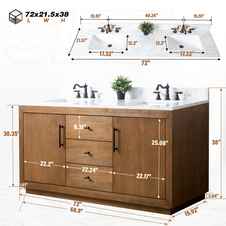 72" Tan Poplar Wood Double Sink Vanity with Arabescato White Marble Top