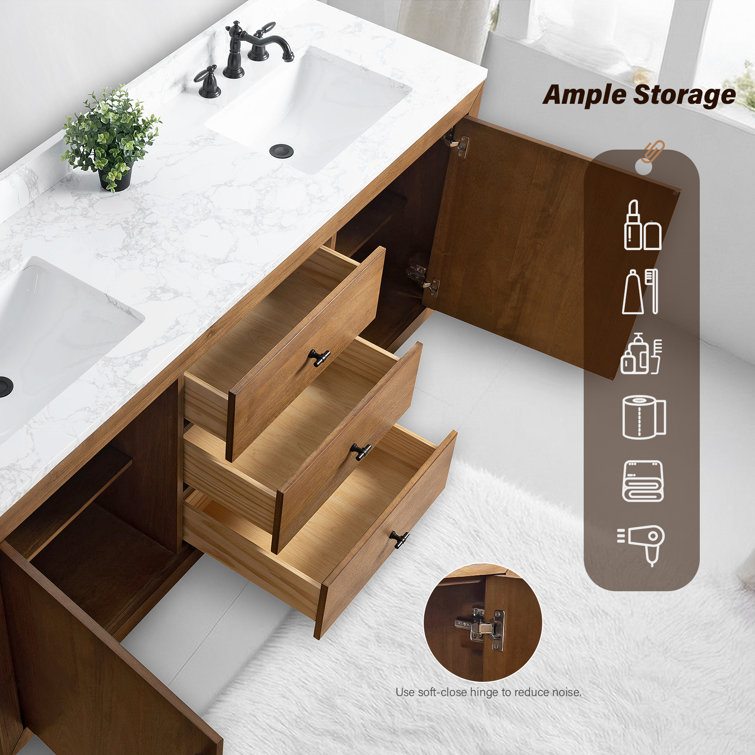 72" Tan Poplar Wood Double Sink Vanity with Arabescato White Marble Top