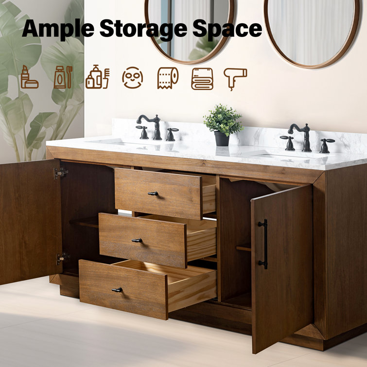 72" Tan Poplar Wood Double Sink Vanity with Arabescato White Marble Top