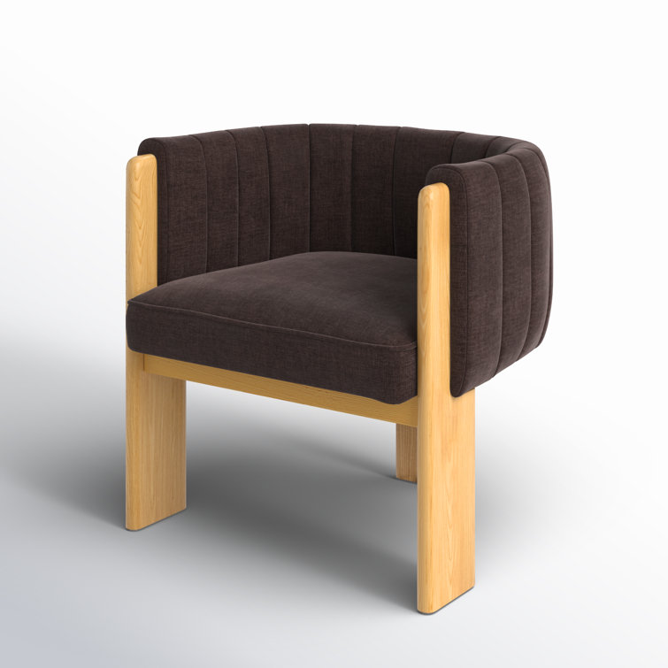 Brown Polyester and Natural Wood Barrel Chair