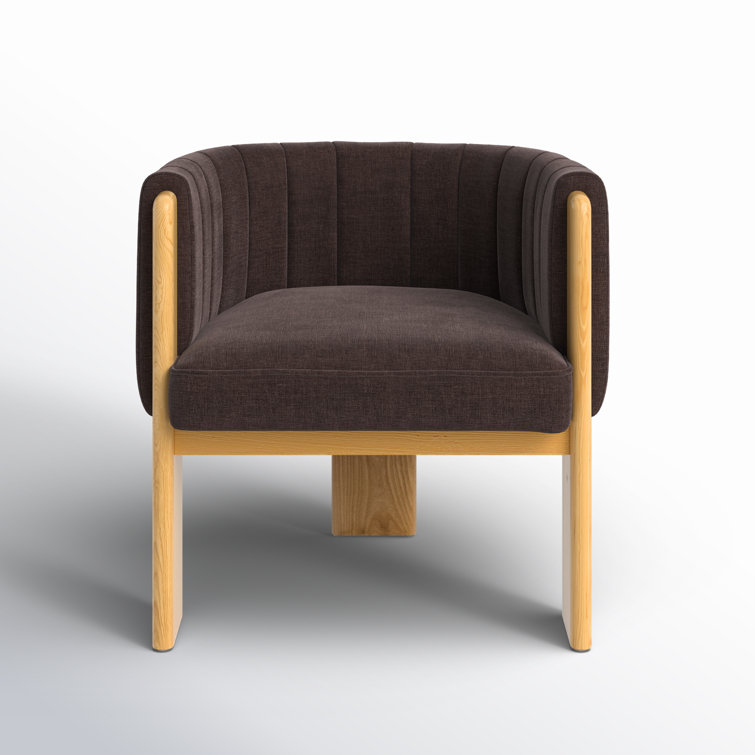 Brown Polyester and Natural Wood Barrel Chair