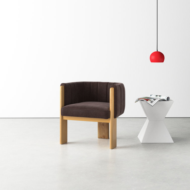 Brown Polyester and Natural Wood Barrel Chair