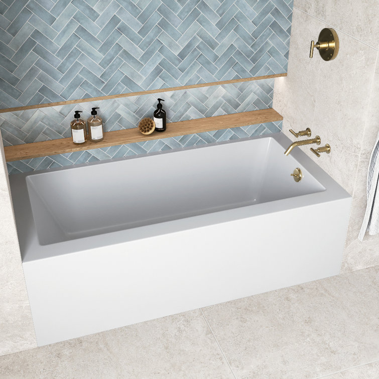 66-Inch Glossy White Acrylic Alcove Bathtub with Polished Brass Drain