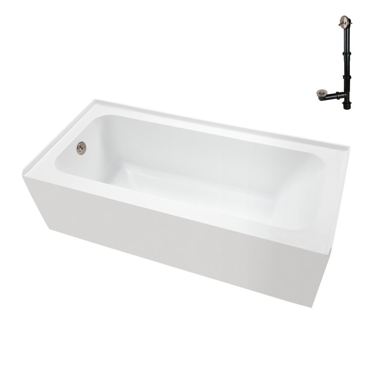 Glossy White Acrylic Rectangular Alcove Bathtub with Brushed Nickel Drain