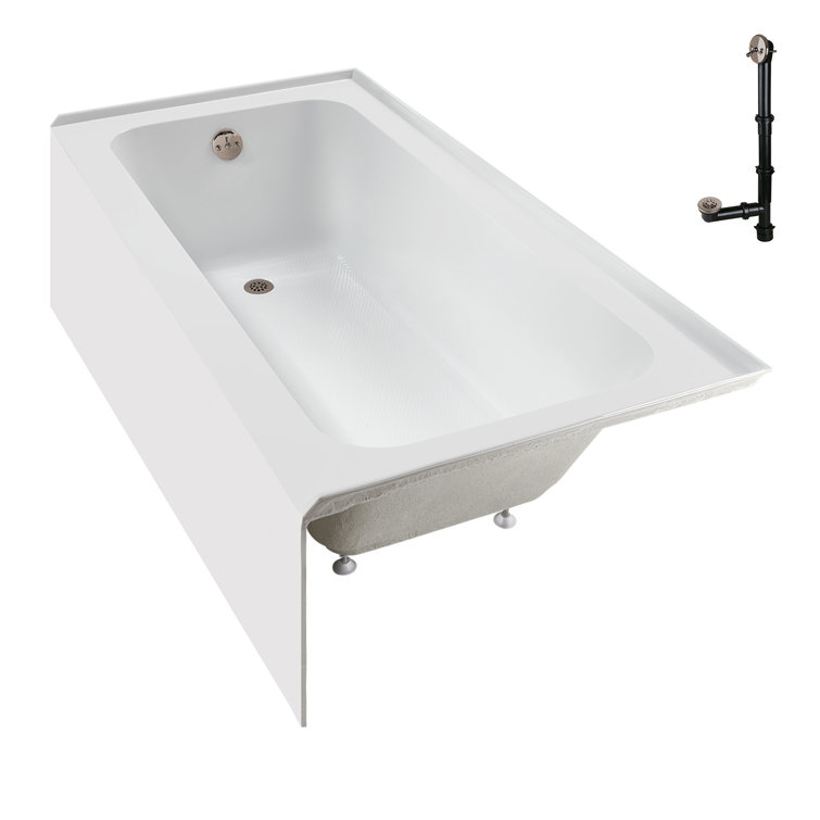 Glossy White Acrylic Rectangular Alcove Bathtub with Brushed Nickel Drain