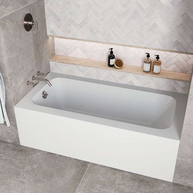 Glossy White Acrylic Rectangular Alcove Bathtub with Brushed Nickel Drain