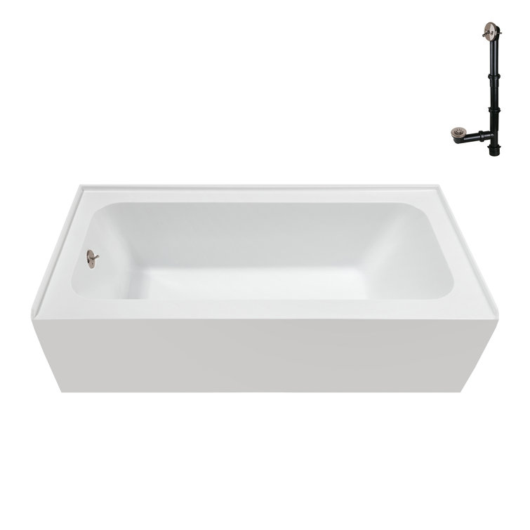 Glossy White Acrylic Rectangular Alcove Bathtub with Brushed Nickel Drain