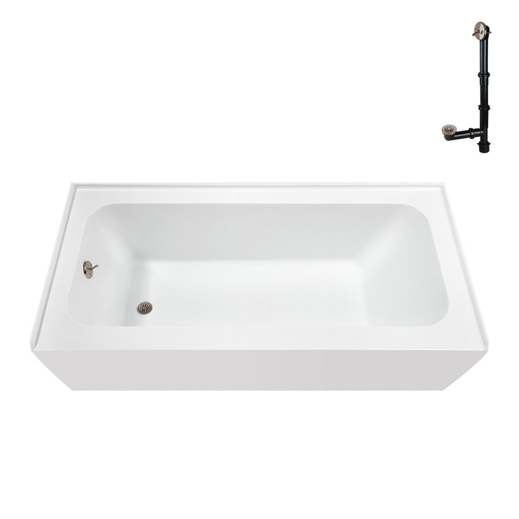 Glossy White Acrylic Rectangular Alcove Bathtub with Brushed Nickel Drain