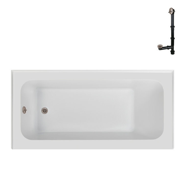 Glossy White Acrylic Rectangular Alcove Bathtub with Brushed Nickel Drain